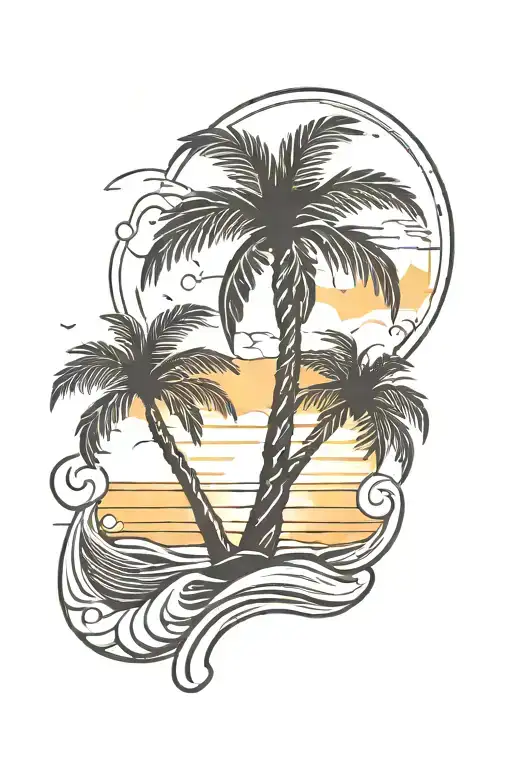 A Small Minimalist Tattoo Of A Palm Tree Silhouette With A Sunset Backdrop And Waves