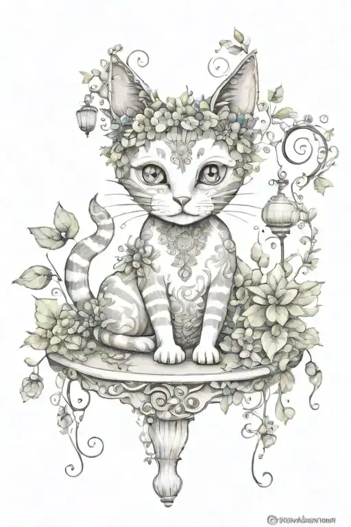 Fantasy Cat Whimsical Garden Scene