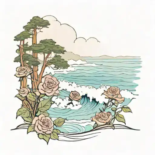 Redwood Trees And Roses And Ocean Wave Crashing