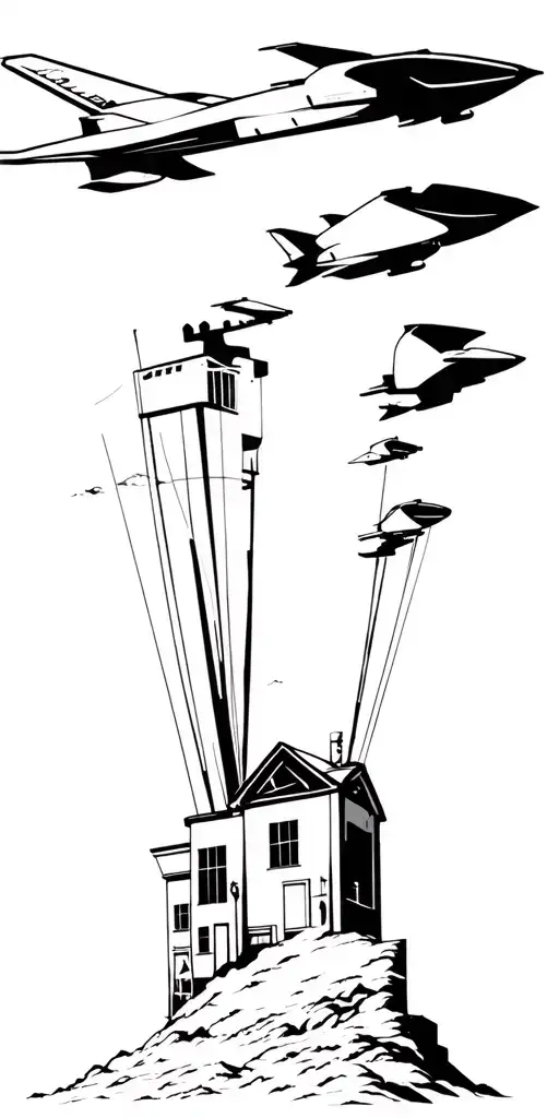 Jet Flying Over Shacks And Towers