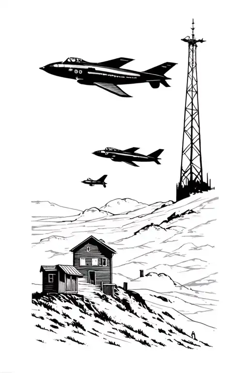 Jet Flying Over Shacks And Towers