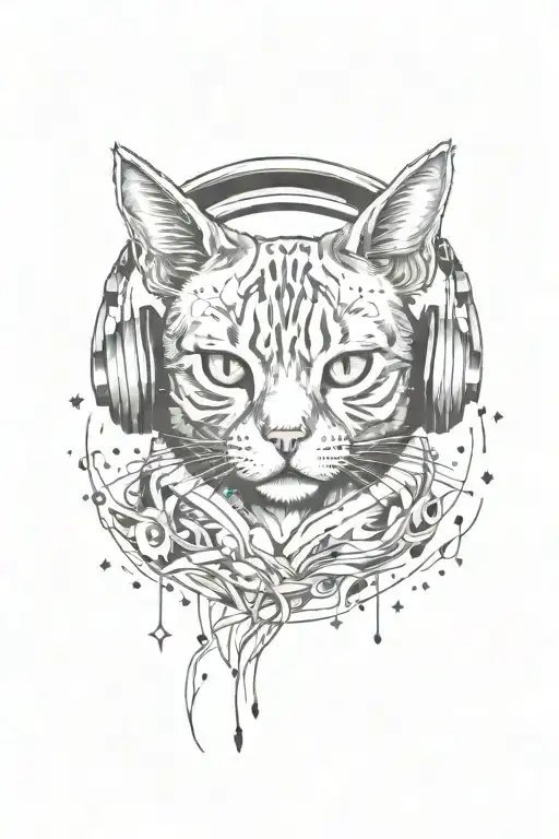A Tattoo Design Of A Cat Wearing Headphones Surrounded By Night Sky Elements In A Black-grey Style