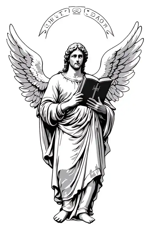 Saint Michael Holding A Bible With Wings In The Background In Heaven