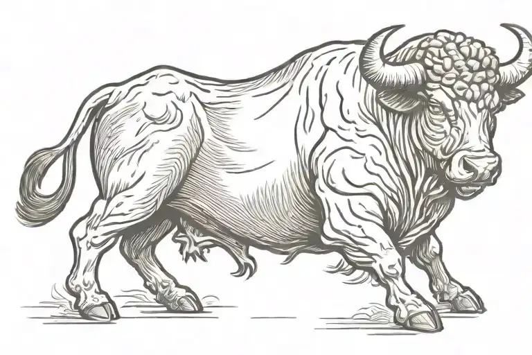 A Strong Angry Bull That Runs In Profiles In The Style Of An Old Engraving