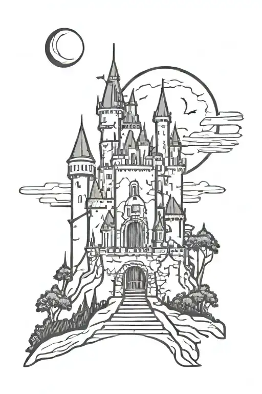 Dark Castle Silhouette With Moon