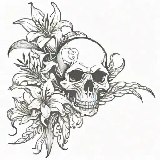 Skull Surrounded With Stargazer Lilly