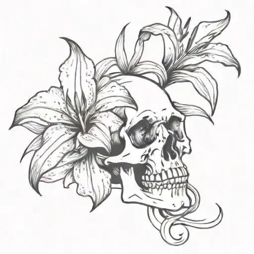 Skull With Stargazer Lilly Tattoo Design