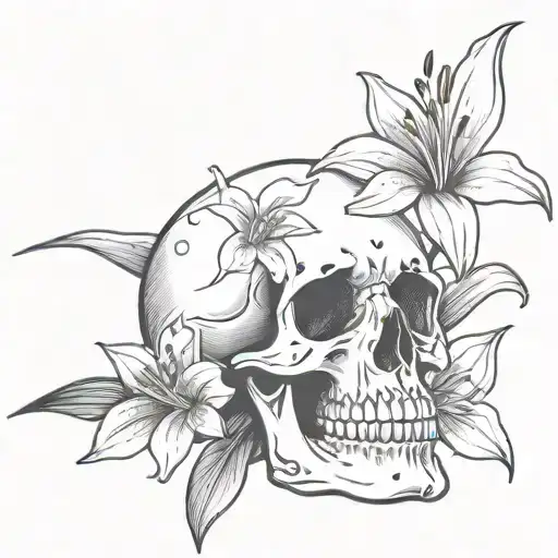 Skull With Small Stargazer Lily Tattoo Design