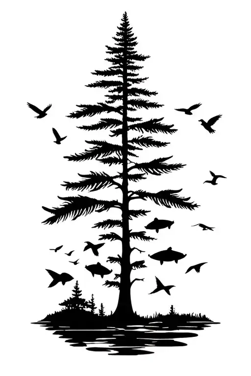 Fir Tree Fish In Nature Birds Flying Towards