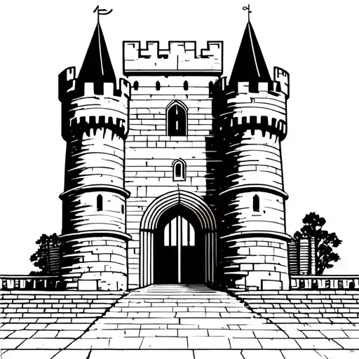 Tall Castle Tower With Gate In The Background