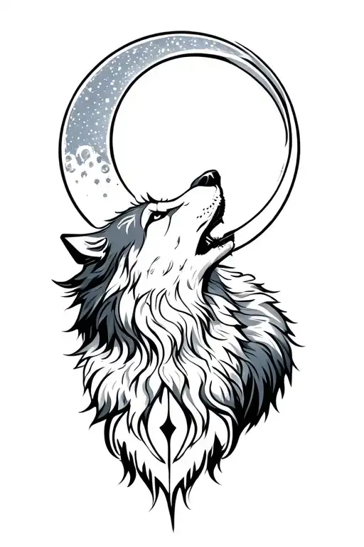 Blackout Tattoo With Silver Wolf Howling At A Silver Crescent Moon