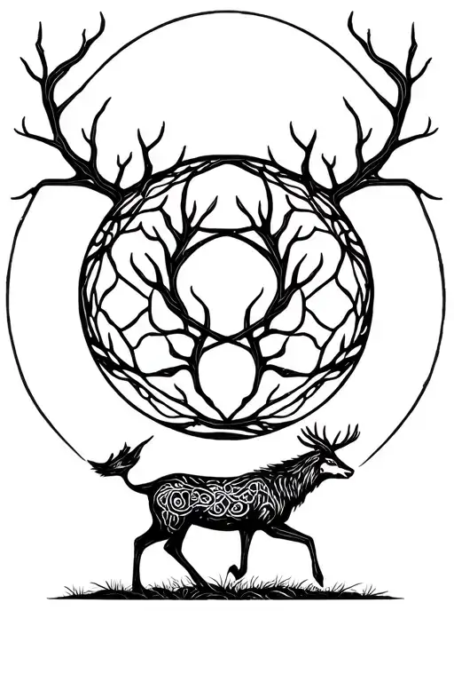 Willow Tree Stag Walking Towards Triple Goddess Symbol