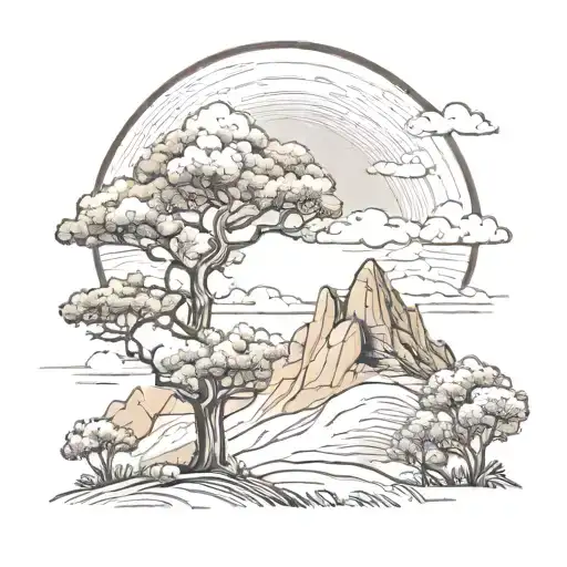 A Mountain With Clouds And Sun And Oak Trees
