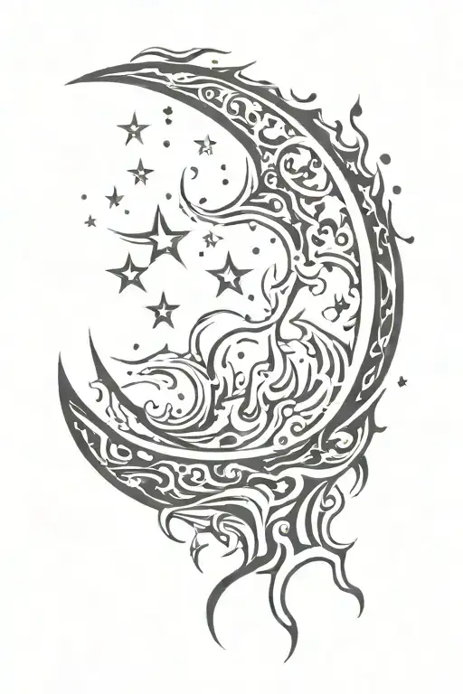 Moon With Stars And Flames