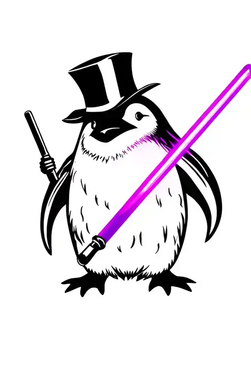 Emperor Penguin With A Top Hat And Holding A Purple Light Saber