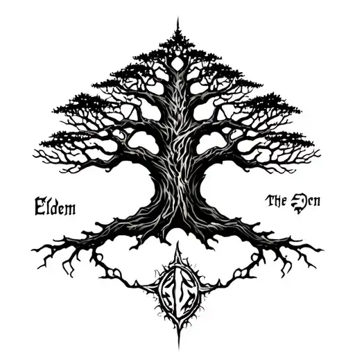Tree Of Gondor With Eleven One Ring Writing Surrounding With A Hint Of Elden Ring Essence