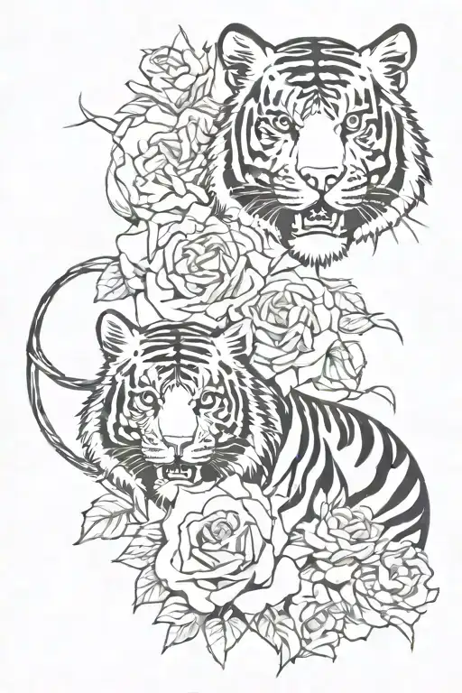 Tigers With Roses And A Dragon