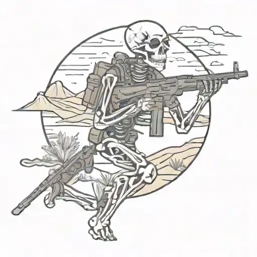 Full Skeleton Holding Rifle With Desert Landscape