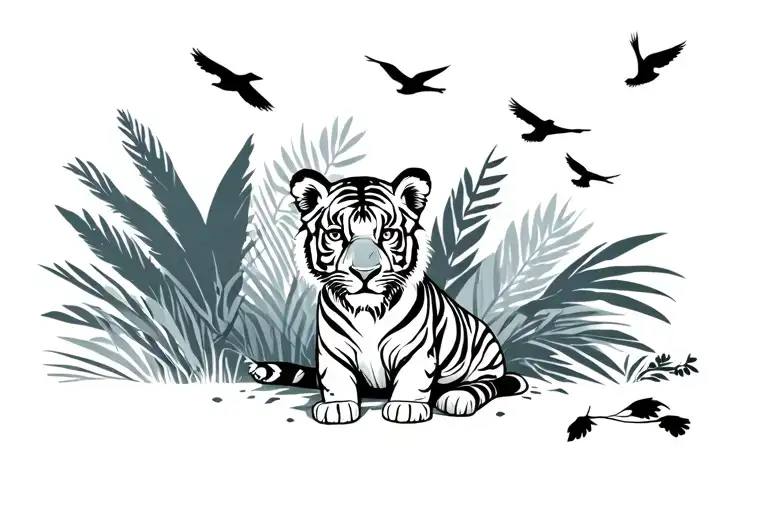 Tiger Cub Sitting In Front Of Jungle Looking At Birds Flying