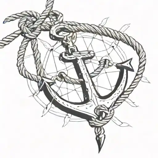Fineline Detailed Anchor Tattoo With Rope Hanging