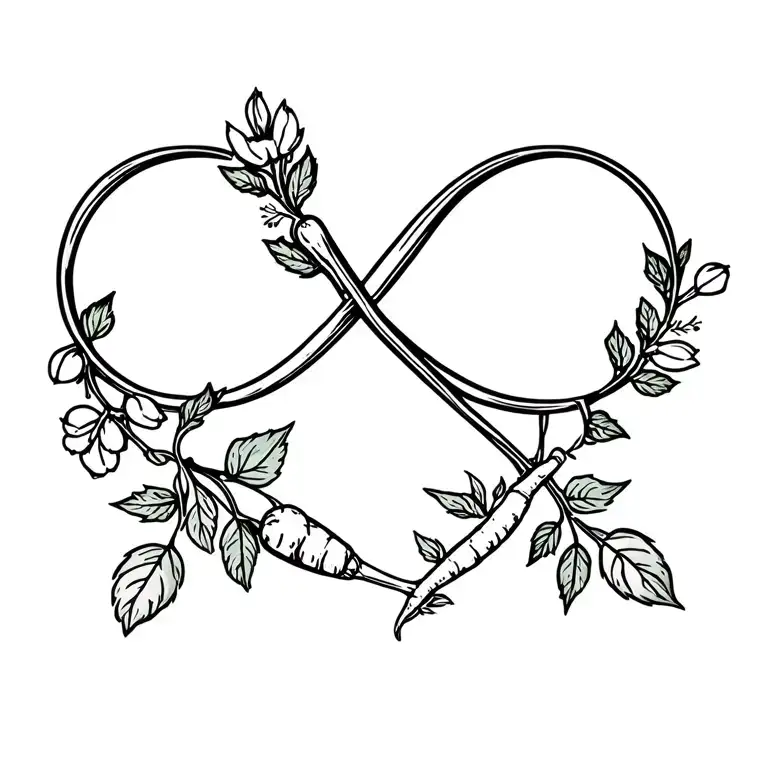 A Pea Vine With Blossoms And Pod And A Carrot With Leafy Greens Interwinded To Infinity Symbol