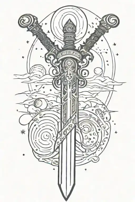Sword With Broken Sword And Double Hilt Surrounded With Moons