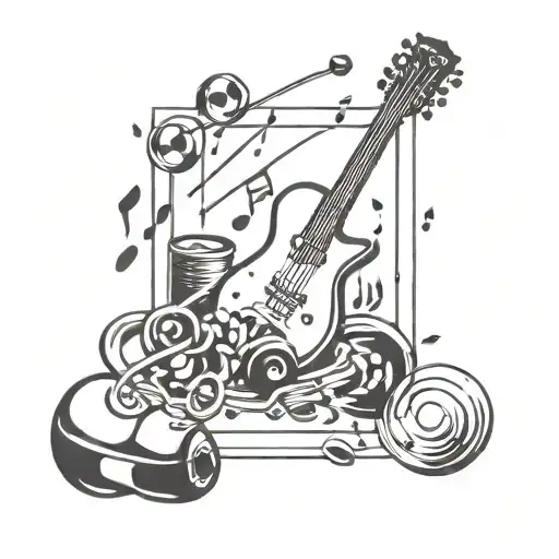 A Tattoo Of A Gym With Music Notes And Sports Equipment Scattered Around