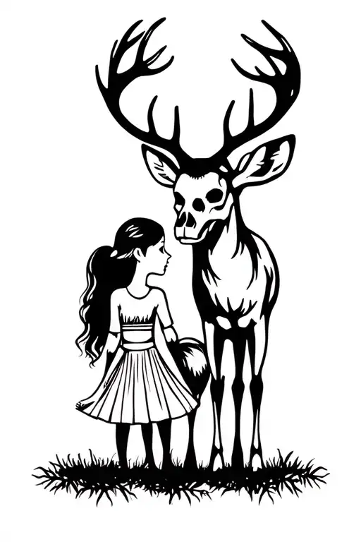 Skull Deer With Daughter And Dad Silhouette Surrounded