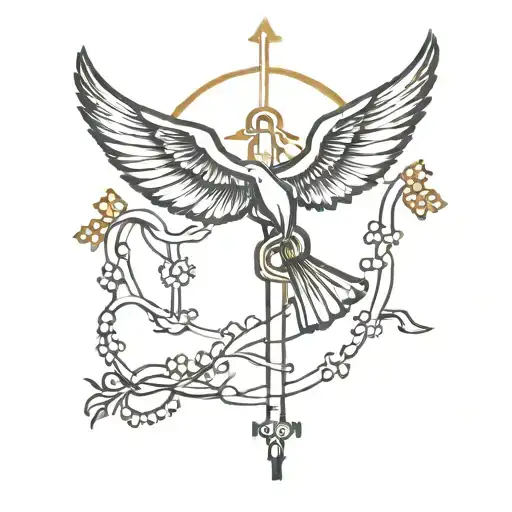 Cross With Rosary And Dove Flying Away