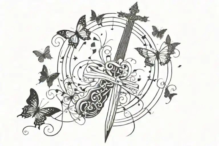 Sword And Butterlies And A Cross Surrounded My Music Notes