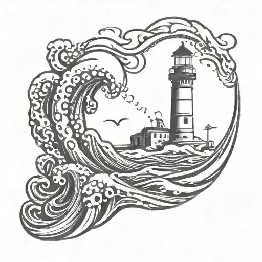 Lighthouse Raging Waves Crashing In The Background Octopus Climbing Out Of Ocean