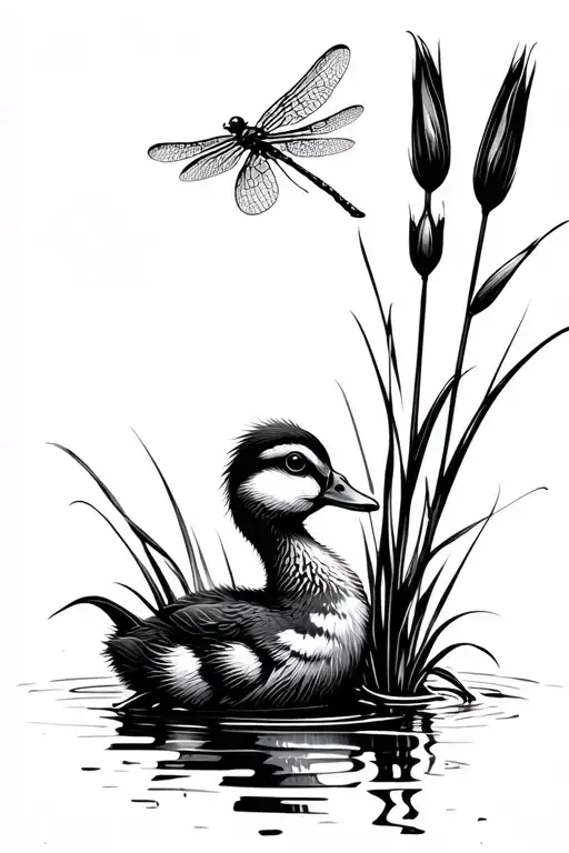 Duckling Looking Up At Dragonfly On Cattails