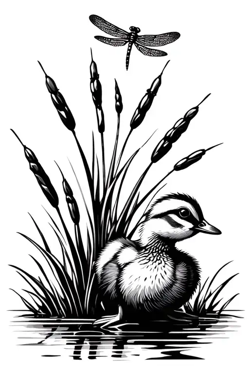 Duckling Looking Up At Dragonfly On Cattails