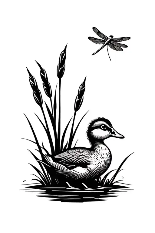 Duckling Looking Up At Dragonfly On Cattails