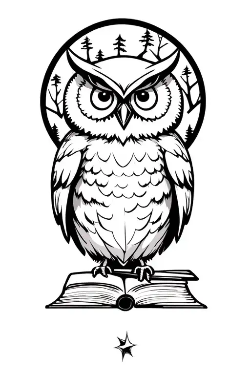 Owl On A Book Holding A Compass Surrounded By Trees