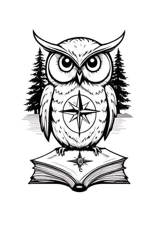 Owl On A Book With A Compass In The Chest With Trees All Around The Owl
