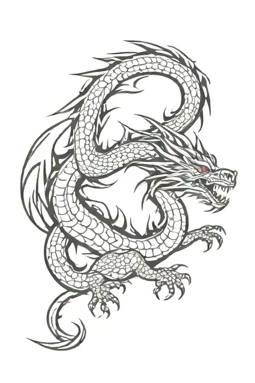 Flying Dragon From Above With Spread Eings And Red Details