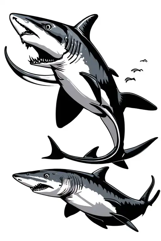 Shark With Two Little Sharks Chasing Each Other