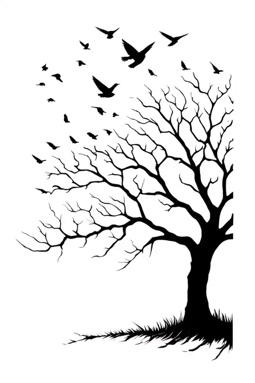 Tree With Birds Flying Away Into The Sky
