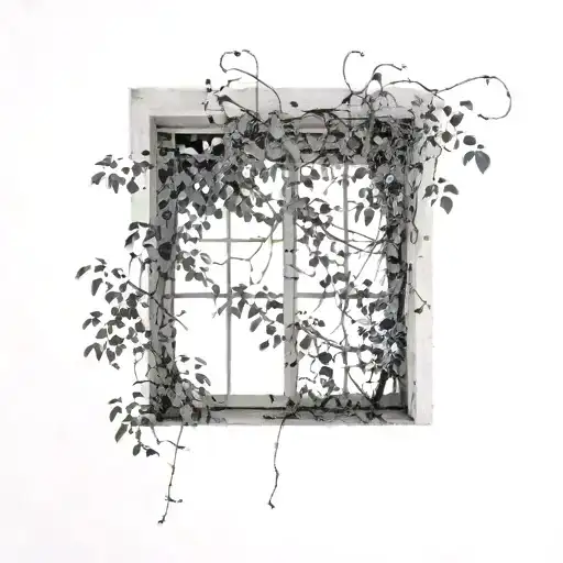 Black And White Window With Very Faint Sunlight Surrounded By Vines