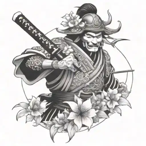 Samurai With Oni Mask On Surrounded With Flowers
