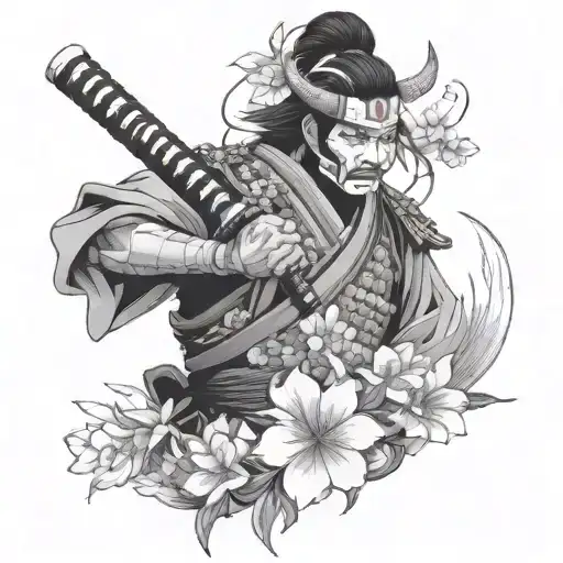 Samurai With Oni Mask On Surrounded With Flowers Holding His Sword