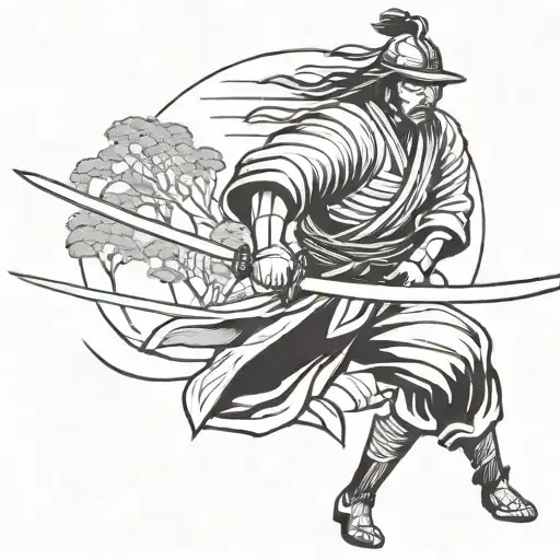 Samurai Warrior Wielding A Sword With Japanese Style Nature