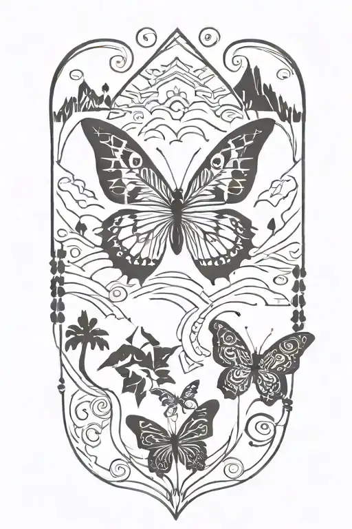 African Tribal Patterns With Butterfly And A Mountain