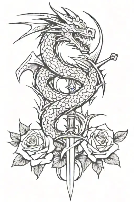 Dragon With Rose And Swords Crossed