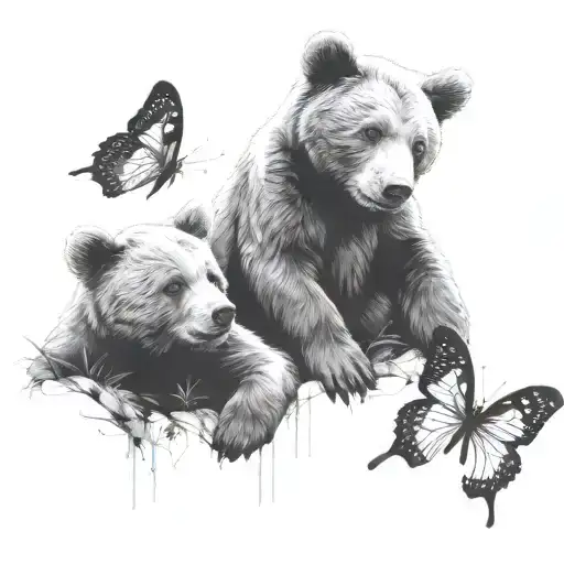 Two Bear Cubs Playing With Three Butterflies Fluttering