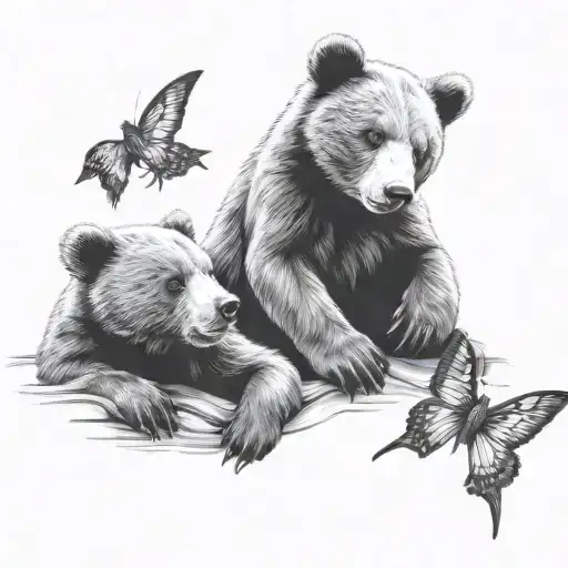 Two Bear Cubs Playing With Three Hummingbirds Fluttering