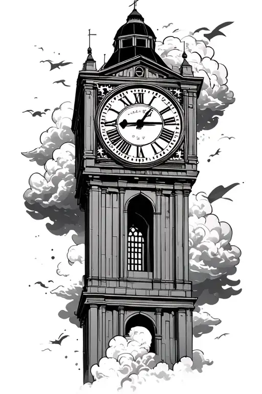 Clock Tower Surrounded By Clouds Floating With Roman Numerals And Coordinates Next To It