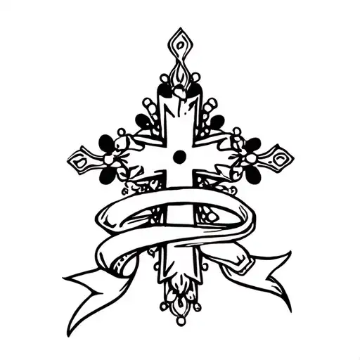 Cross Tattoo With Ribbon And Beads Intertwined