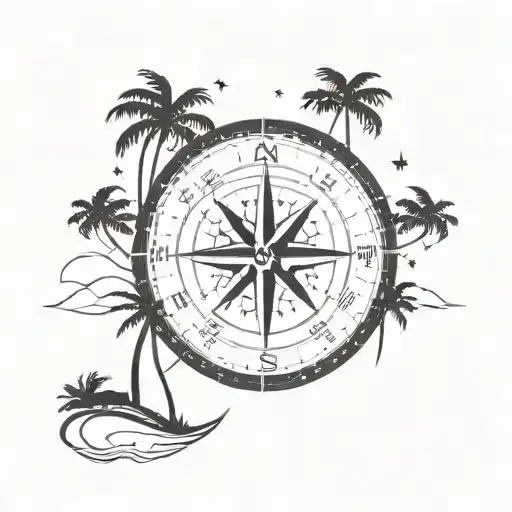 Compass Above Beach With Palm Trees